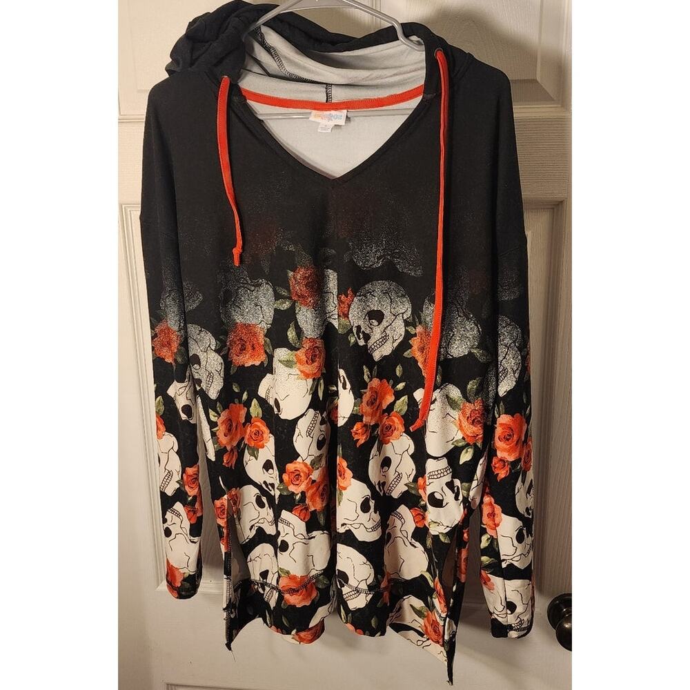 LuLaRoe Skull and Rose Floral Print Hoodie Pullover - Size Large